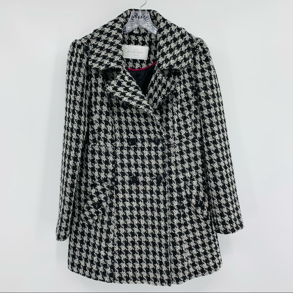 Jessica Simpson Houndstooth Wool Blend Back White Peacoat Winter Coat, Size L